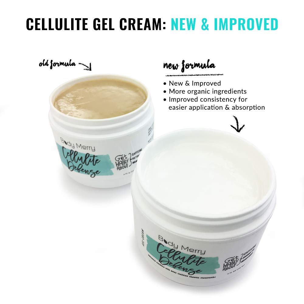 Body Merry Cellulite Defense Gel-Cream, Anti Cellulite Body Treatment for Firming & Toning w/ Natural Caffeine + Coconut Oil + Peppermint, Original, 4oz. / 118ml