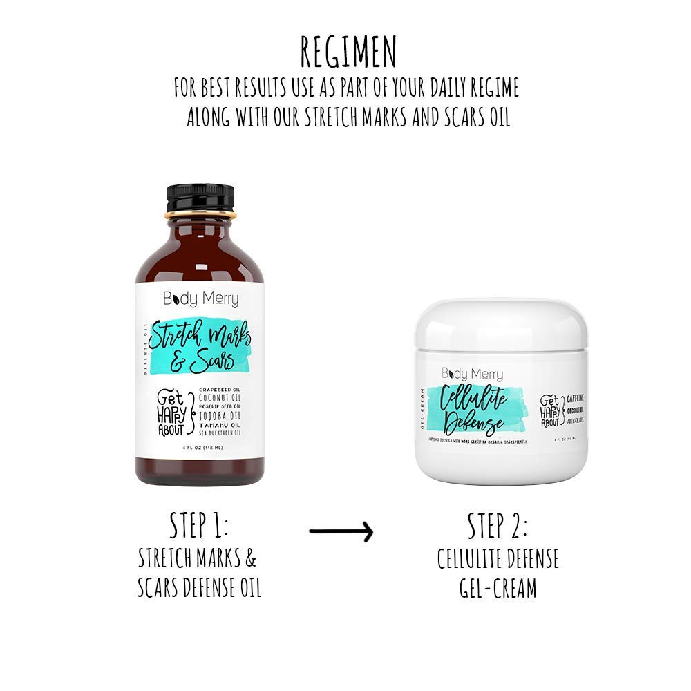 Body Merry Cellulite Defense Gel-Cream, Anti Cellulite Body Treatment for Firming & Toning w/ Natural Caffeine + Coconut Oil + Peppermint, Original, 4oz. / 118ml
