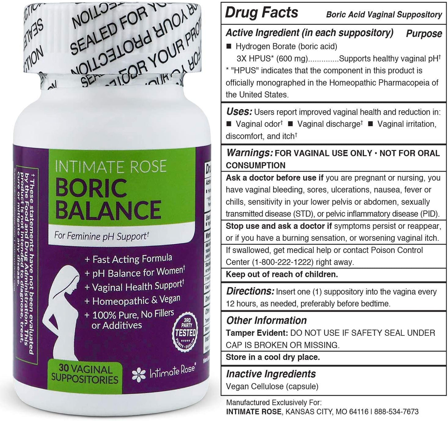 Boric Acid Vaginal Suppositories 30 Count (600mg) + 7 Applicators Balance pH, Vaginal Odor, Promote Vaginal Health