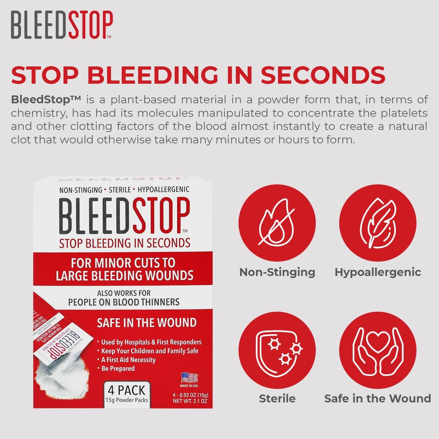 BleedStop First Aid Powder for Blood Clotting 15g (5 Pack)