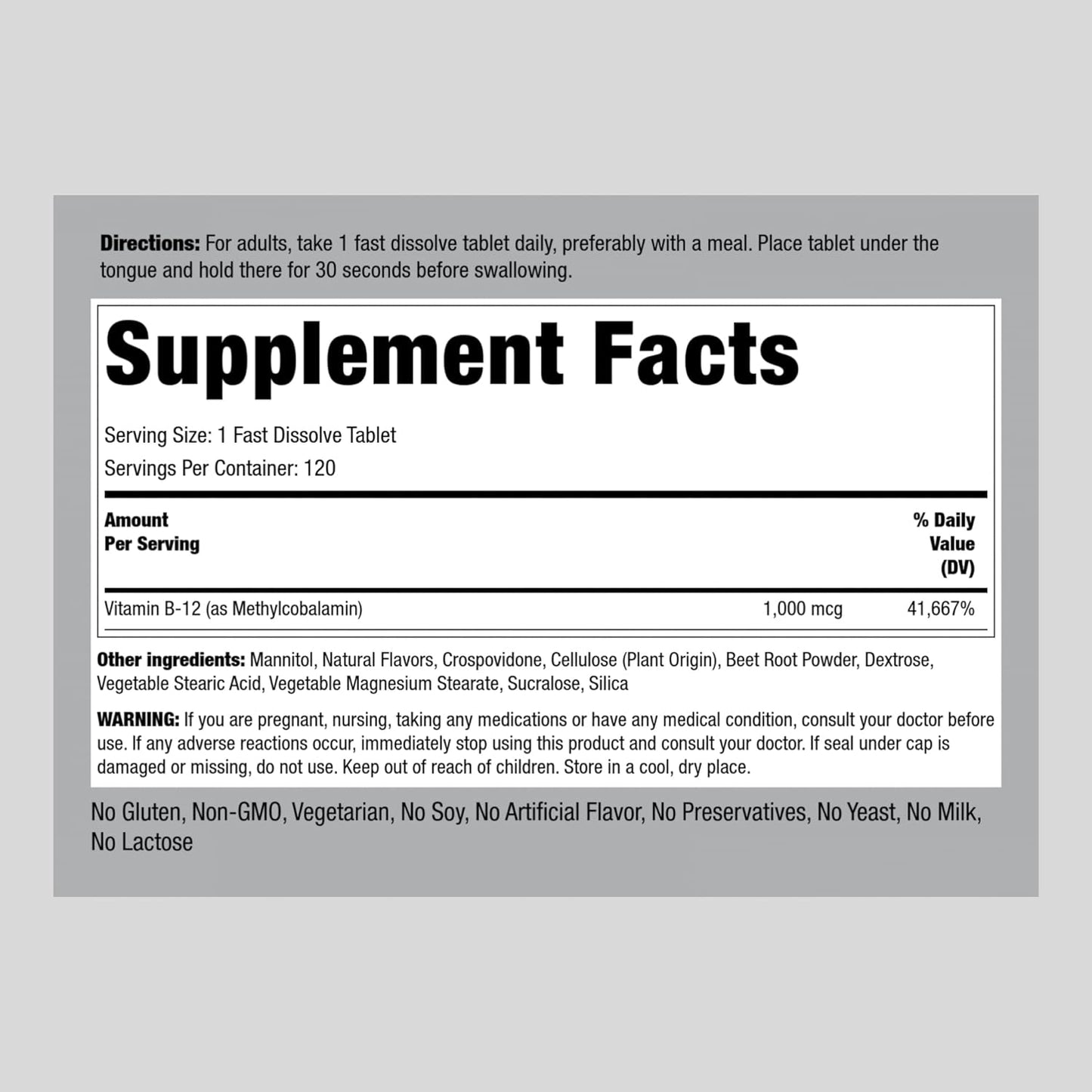 Piping Rock Sublingual B12 Methylcobalamin 1000mcg Natural Berry Flavor 120 Tablets