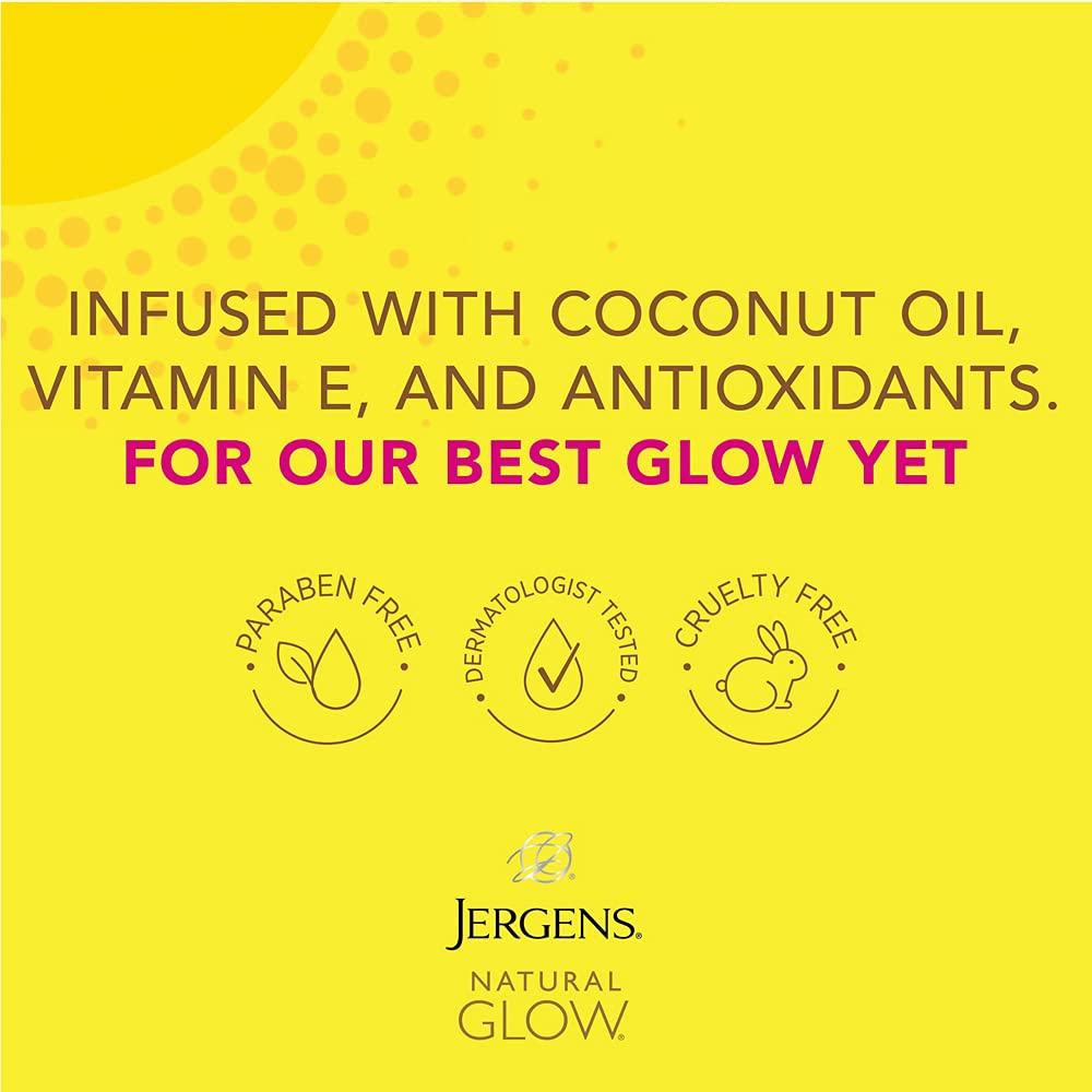 Jergens Natural Glow Daily Moisturizer Self Tanner Lotion for Medium to Deep Skin Tones Infused with Coconut Oil, 10 fl.oz / 295 ml