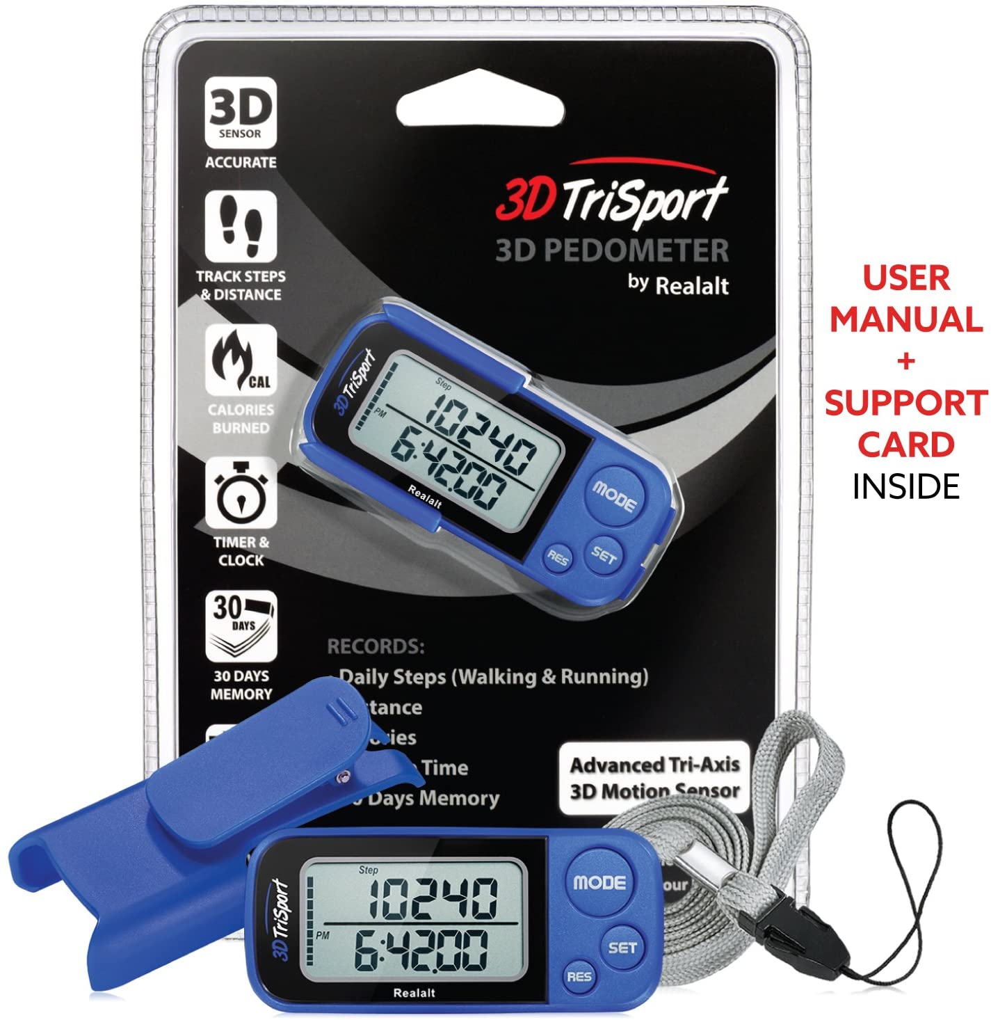 Realalt 3DTriSport Walking 3D Pedometer with Clip and Strap, Free eBook, 30 Days Memory & Accurate Step Counter 1 Count