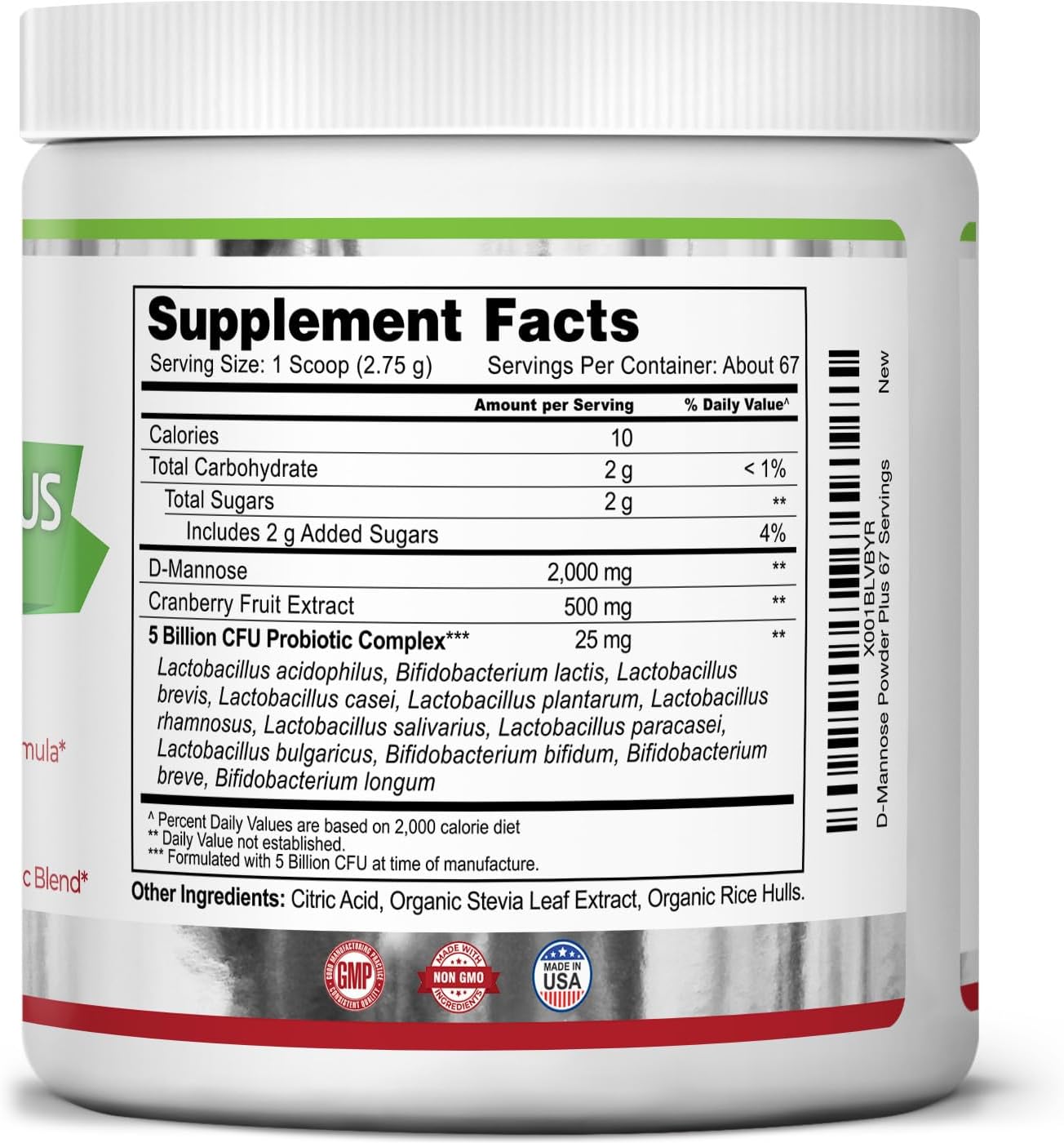 Zazzee D-Mannose Powder Plus with Cranberry & Probiotics 2000 mg, 184 g / 6.5 oz.