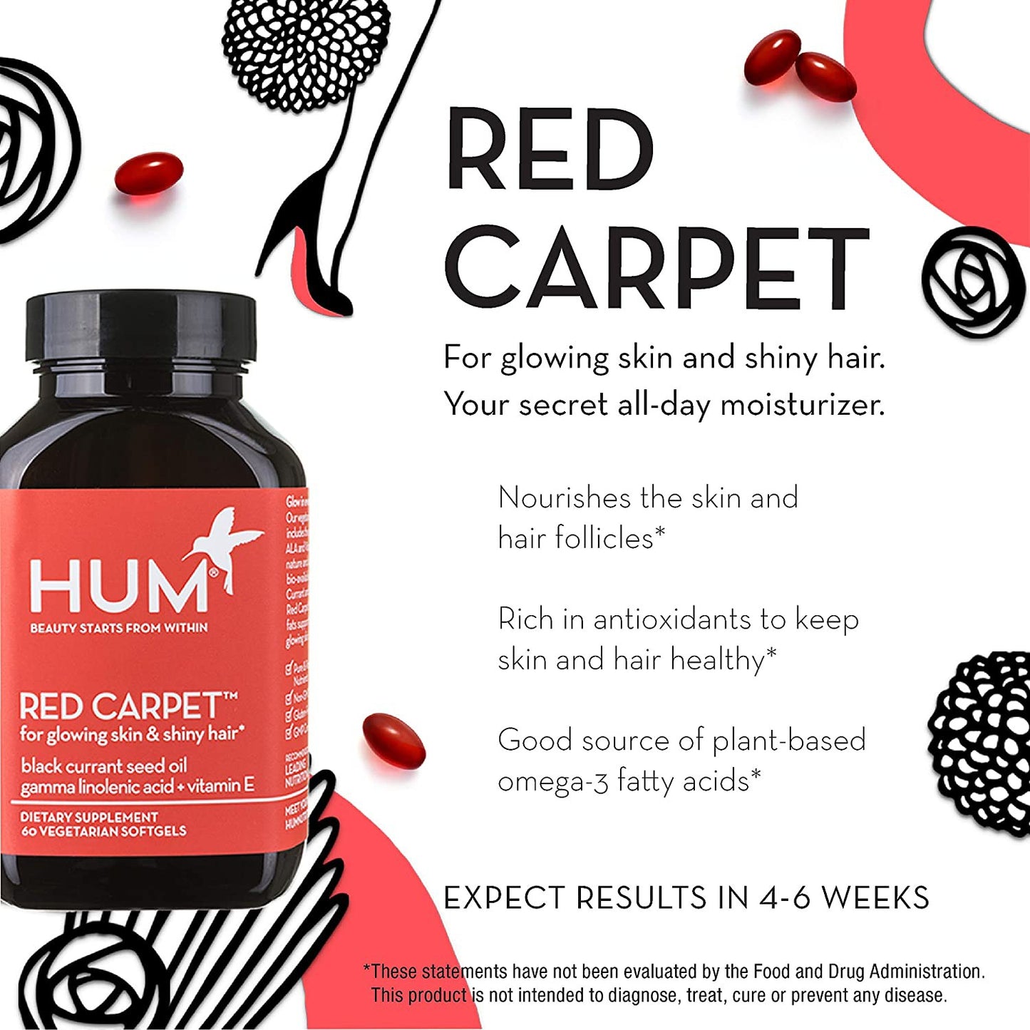 HUM Red Carpet Healthy Skin & Hair Supplement, Vegan Vegetarian 60 Softgels