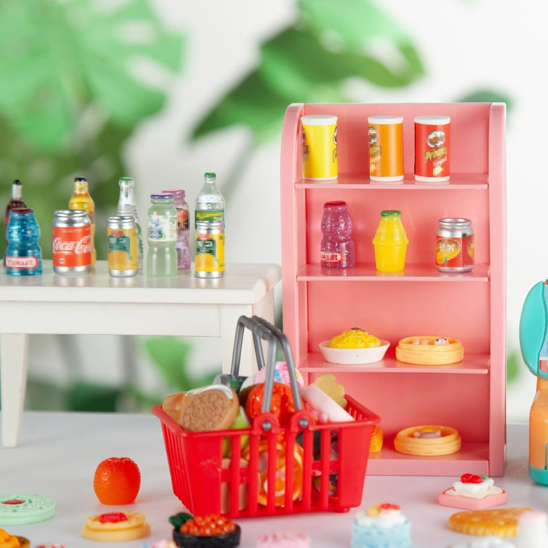 Miniature Toy Shopping Cart Basket with Grocery Accessories, Approx. 164 pcs