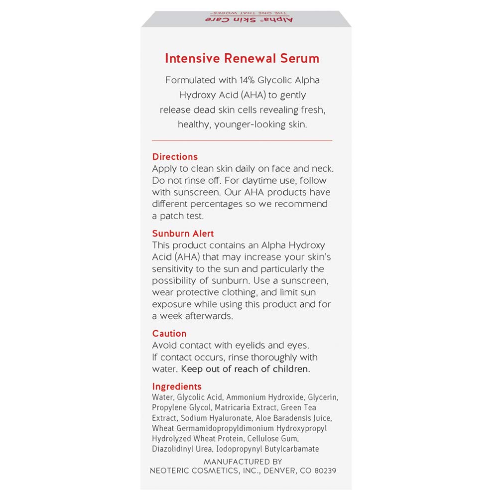 Alpha Skin Care Intensive Renewal Serum 14% Glycolic AHA for Fine Lines & Wrinkles, 2 fl.oz / 59 ml