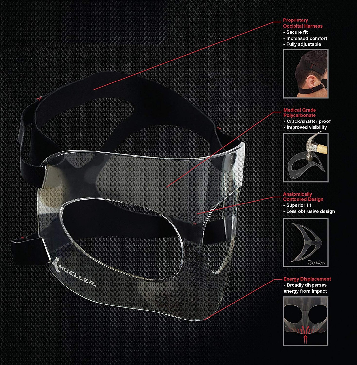 Mueller Face Guard , Protection from Impact Injuries to Nose and Face, Clear, One Size Fits Most