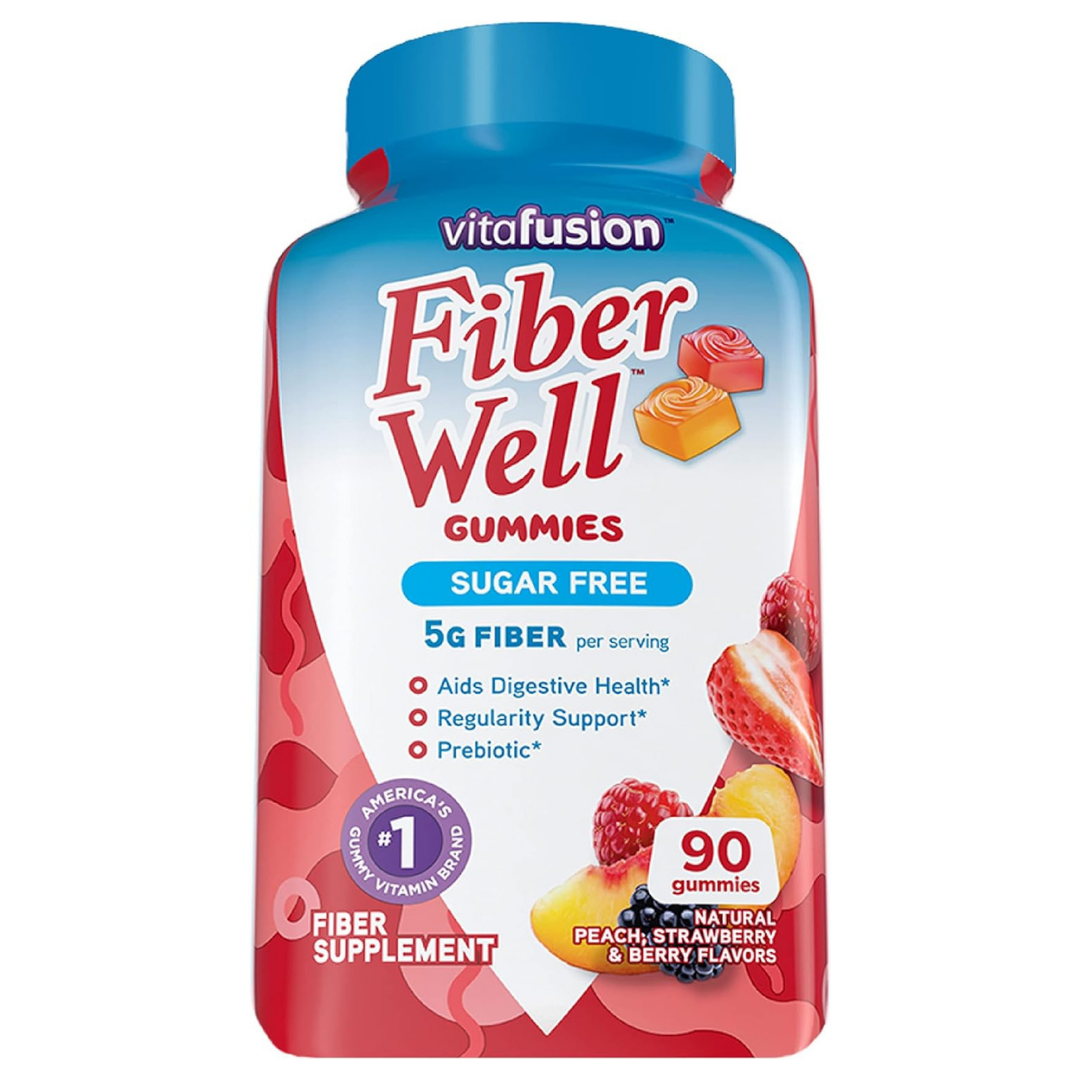 Vitafusion Fiber Well Non-Sugar 5g Supplement Natural Peach,Strawberry And Berry Flavors,90 Gummies