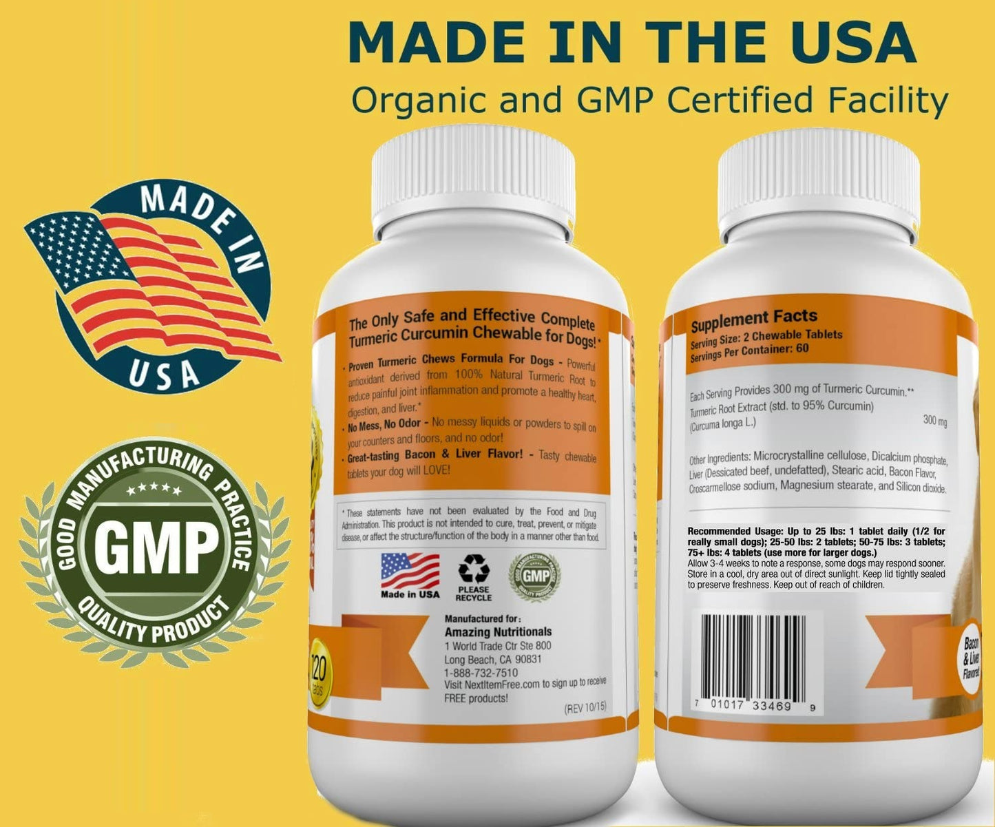 Amazing Nutritionals Turmeric Chews for Dogs Healthy Joints, Heart & Liver, Bacon & Liver Flavor 120 Chews