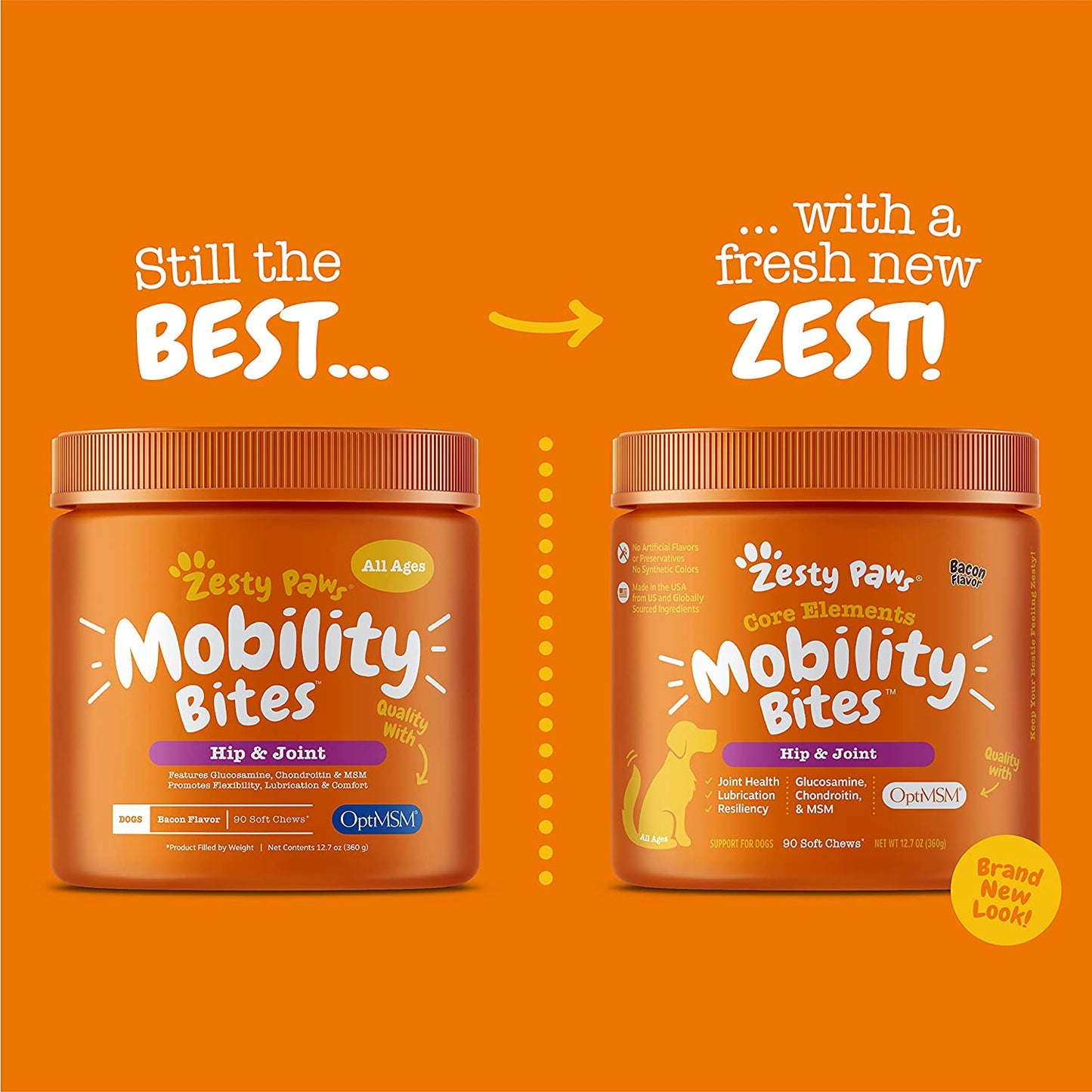 Zesty Paws Mobility Bites Glucosamine with Chondroitin & MSM Hip & Joint Health for Dogs, Bacon Flavor - 90 Soft Chews
