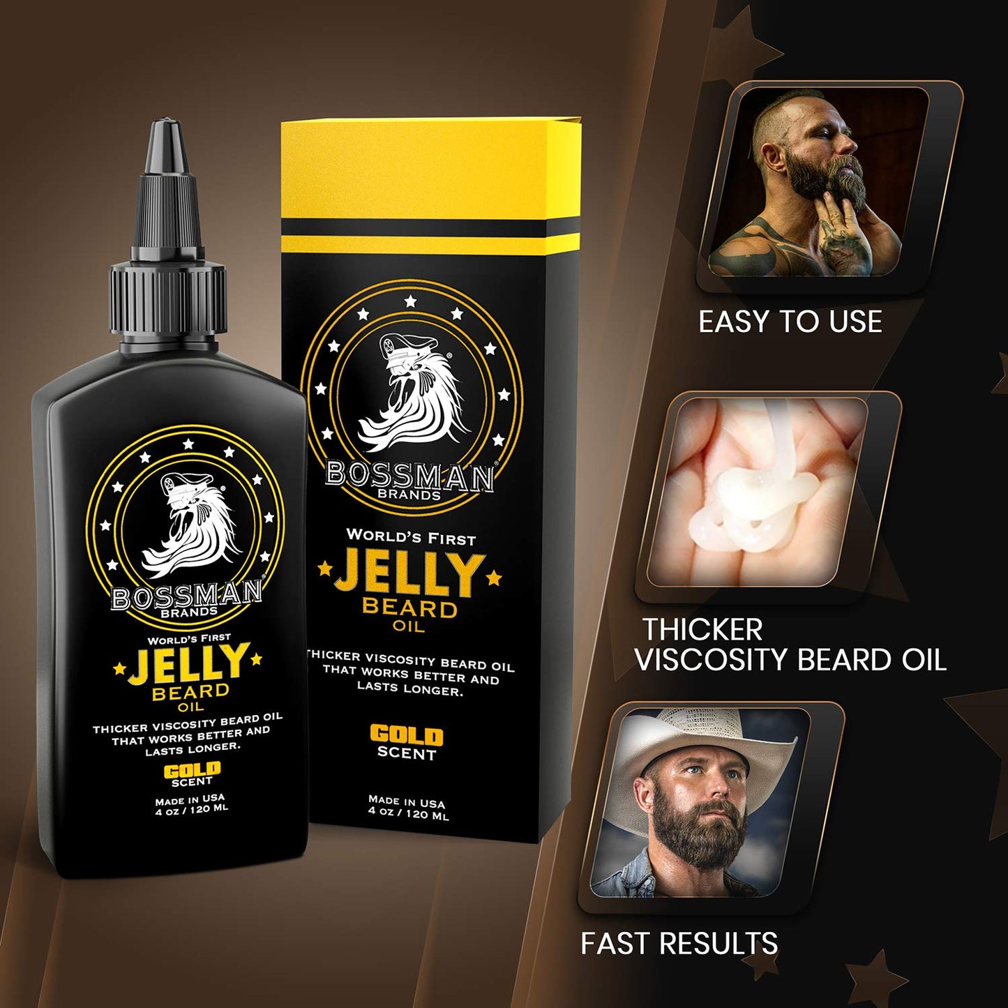 Bossman Jelly Beard Oil Facial Hair Moisturizer & Beard Growth Softener Gold Scent, 4 oz. / 120 ml