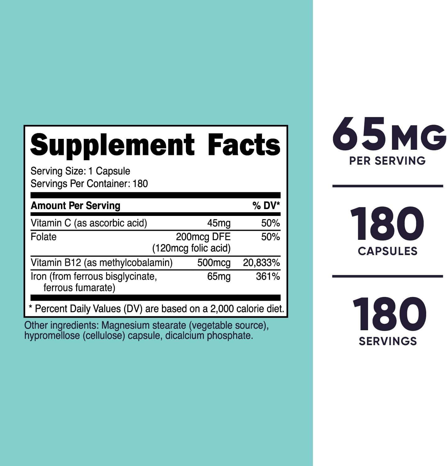 Nutricost Women Iron With Vitamin C, Folate & Vitamin B12 65mg Supplement 180 Capsules