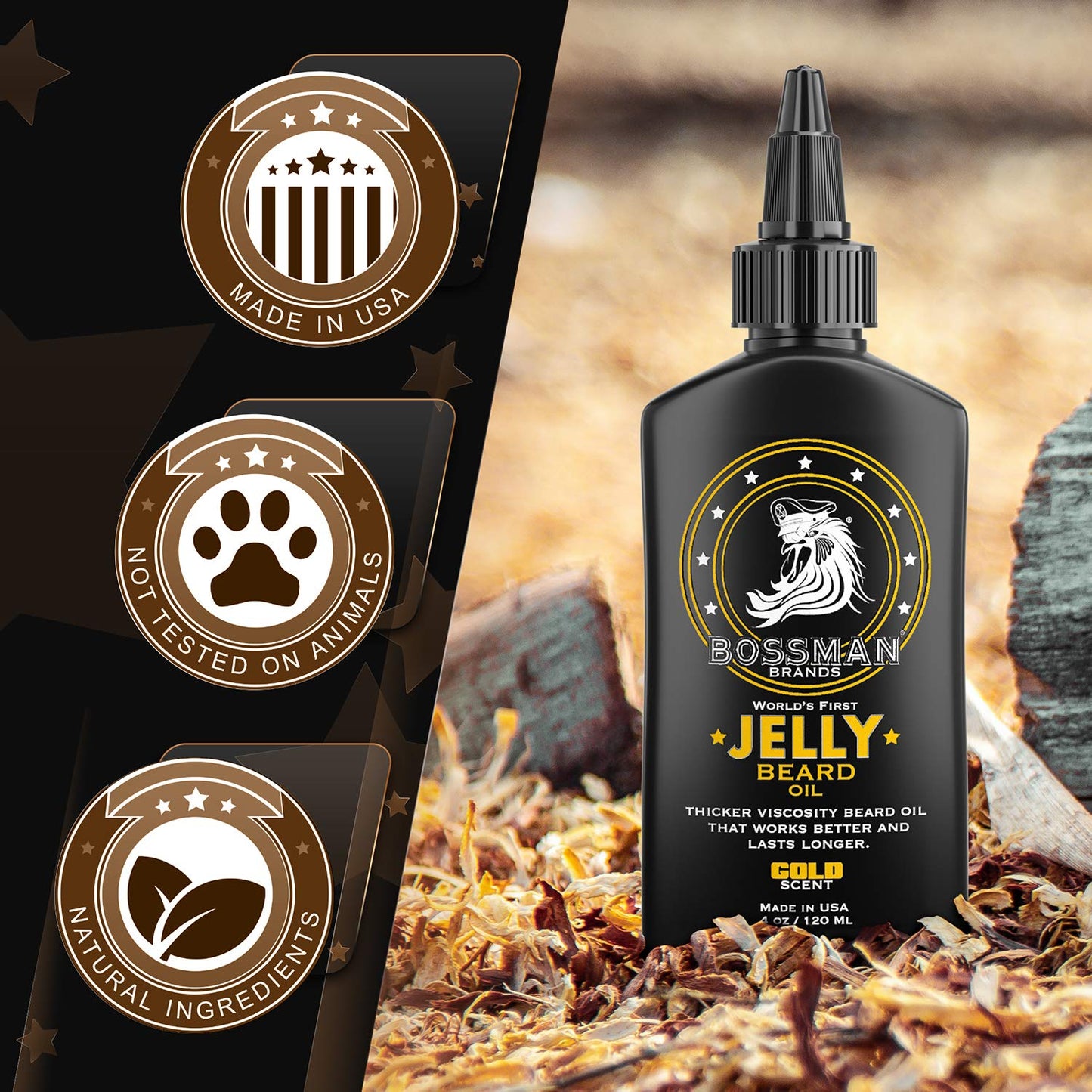 Bossman Jelly Beard Oil Facial Hair Moisturizer & Beard Growth Softener Gold Scent, 4 oz. / 120 ml
