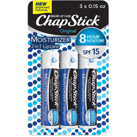 ChapStick Lip Moisturizer and Skin Protectant Lip Balm Tube SPF 15, Original Flavor, 1 Blister 3 Count