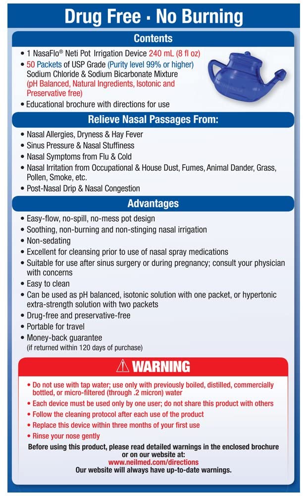 NeilMed NasaFlo Neti Pot All Natural Sinus Relief With 50 Premixed Packets