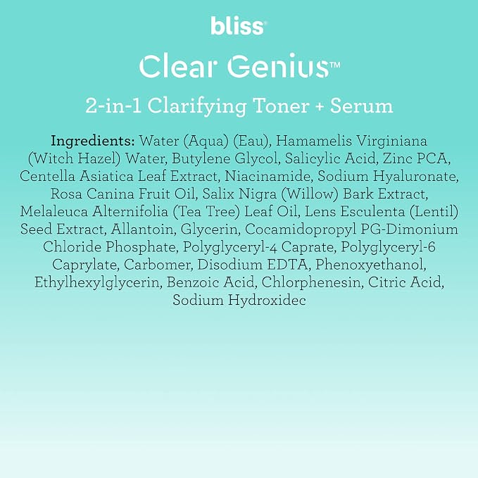 Bliss Clear Genius Clarifying Toner + Serum Purifies Pores, Tones, Calms & Clears Skin 4.3 Fl Oz (130ml)