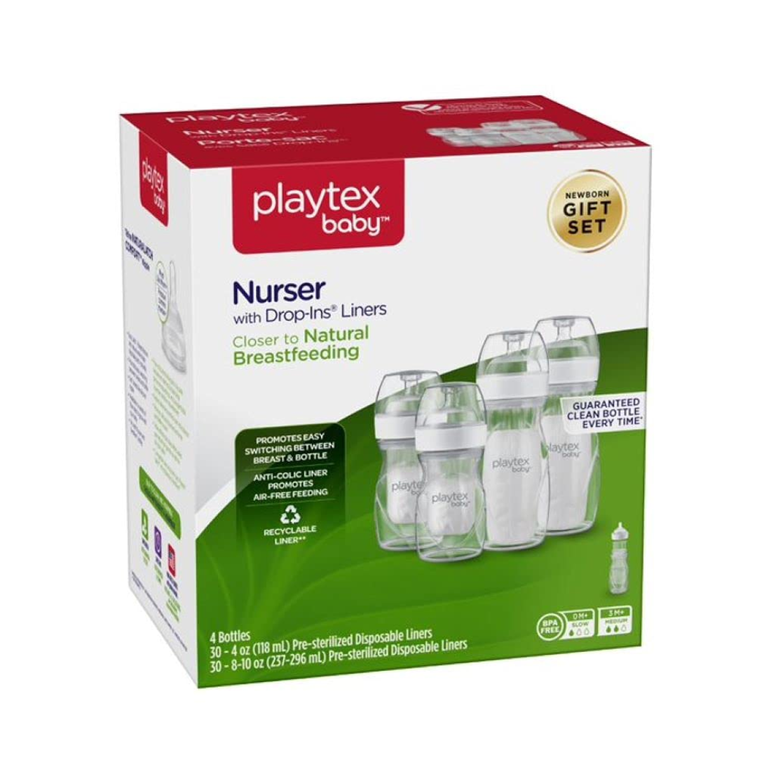 Playtex Baby Nurser with Drop-Ins Liners, 0 M+ Slow and 3 M+ Medium 4 Bottles, Newborn Gift Set