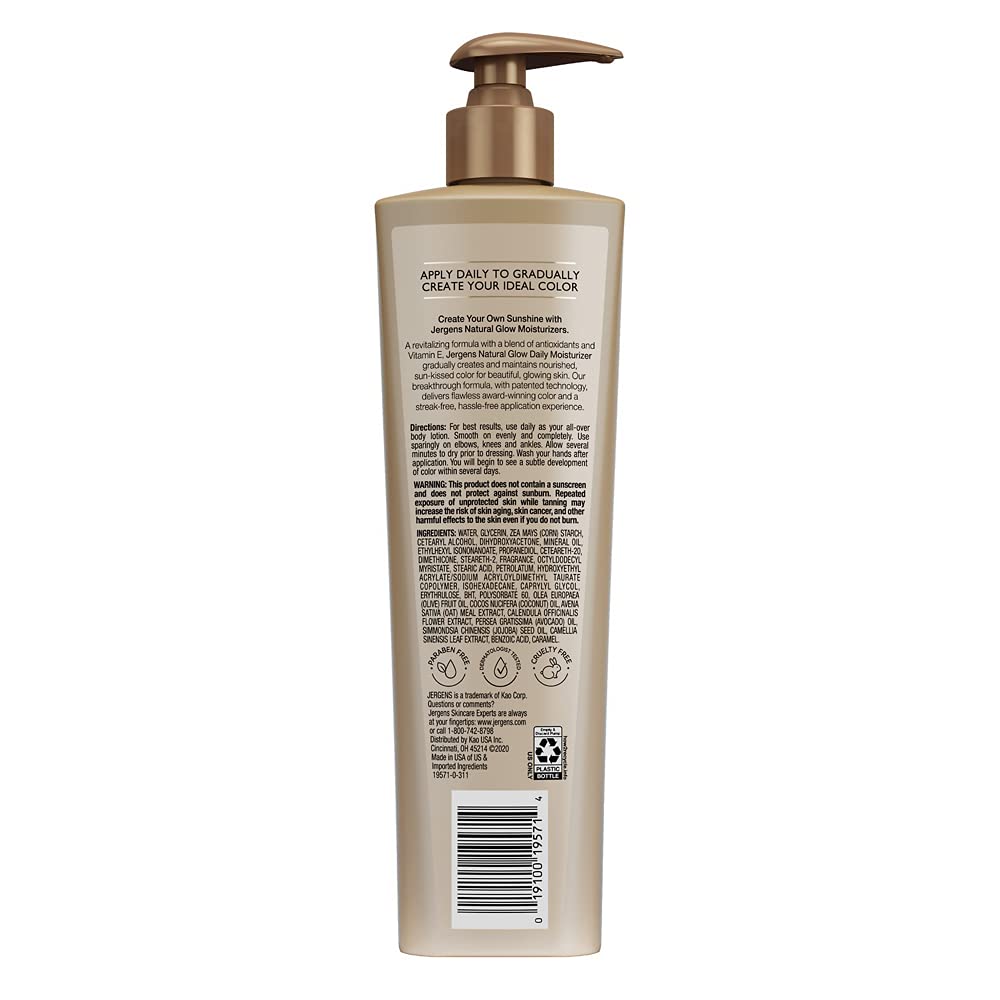 Jergens Natural Glow Daily Moisturizer Self Tanner Lotion for Medium to Deep Skin Tones Infused with Coconut Oil, 10 fl.oz / 295 ml