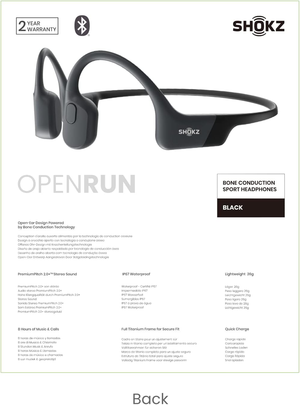 Shokz Open Run Bone Conduction Sport Headphones, Black