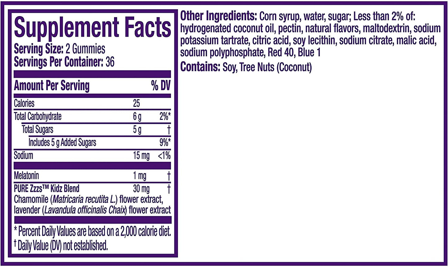 Vicks Pure Zzzs Kidz Melatonin + Chamomile & Lavender, Natural Berry Flavor for Ages 4+, 72 Gummies