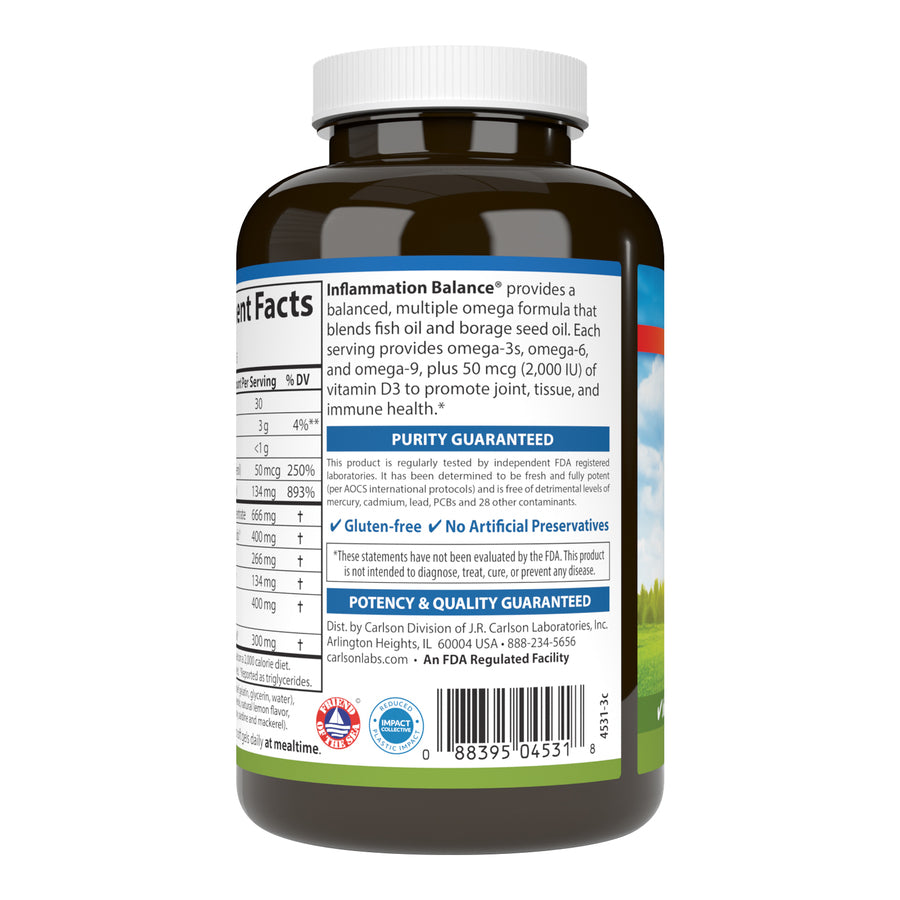Carlson Inflammation Balance 50mcg (2,000 IU) D3 + Omegas Natural Lemon Flavor 90 Soft Gels Joint Function, Immune Support & Tissue Health