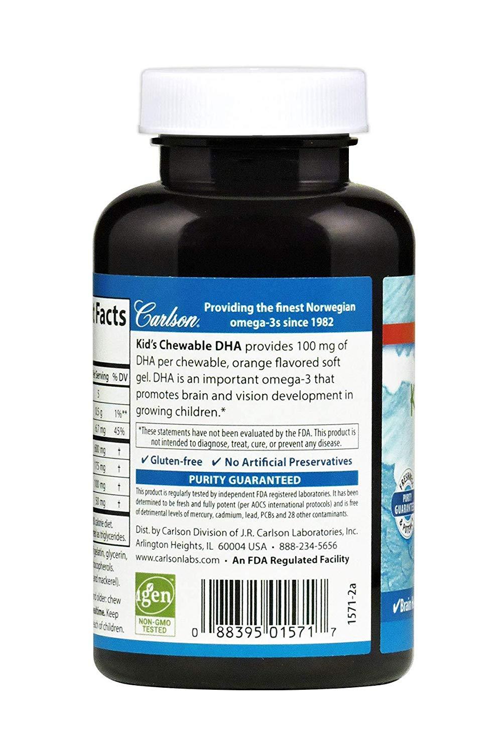 Carlson Kid's Chewable DHA Bursting Orange Flavor 100 mg 120 Softgels Brain, Vision, Growth Development