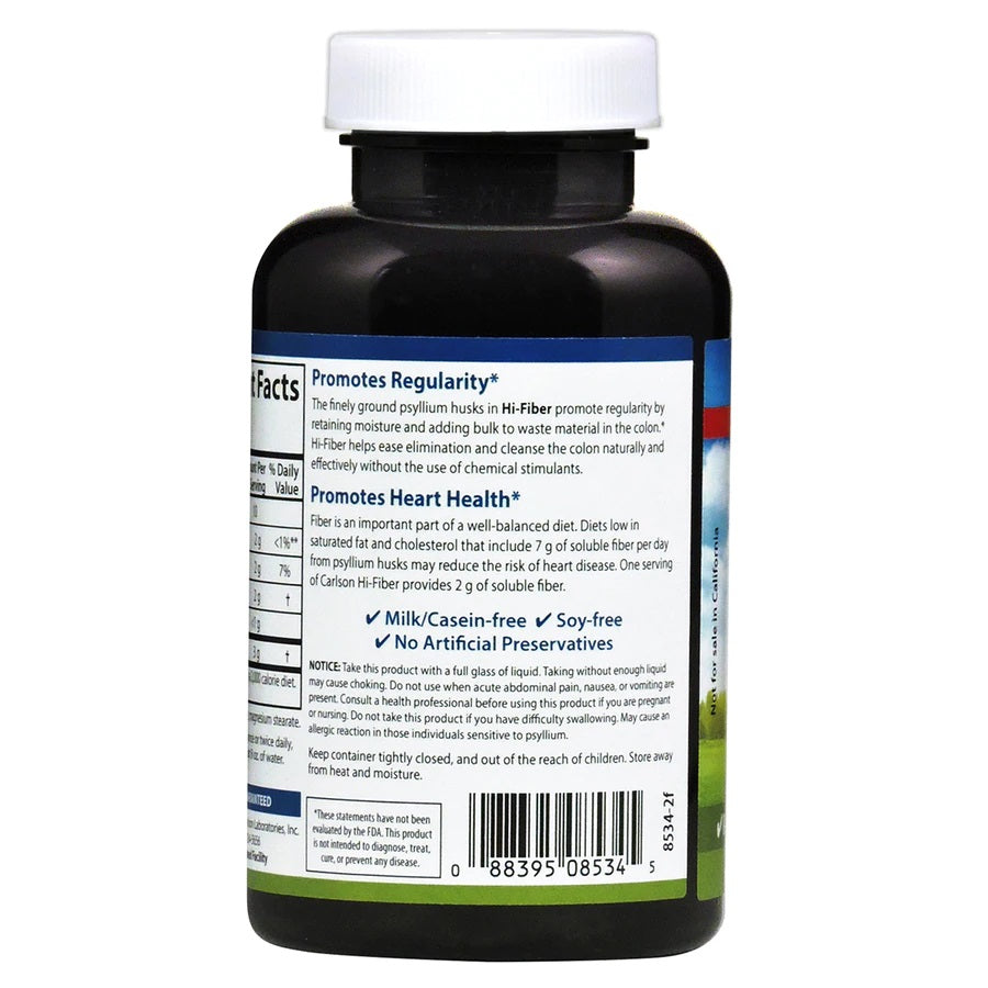 Carlson Hi Fiber 3g Psyllium Husk 100 Capsules Colon Health, Heart Function