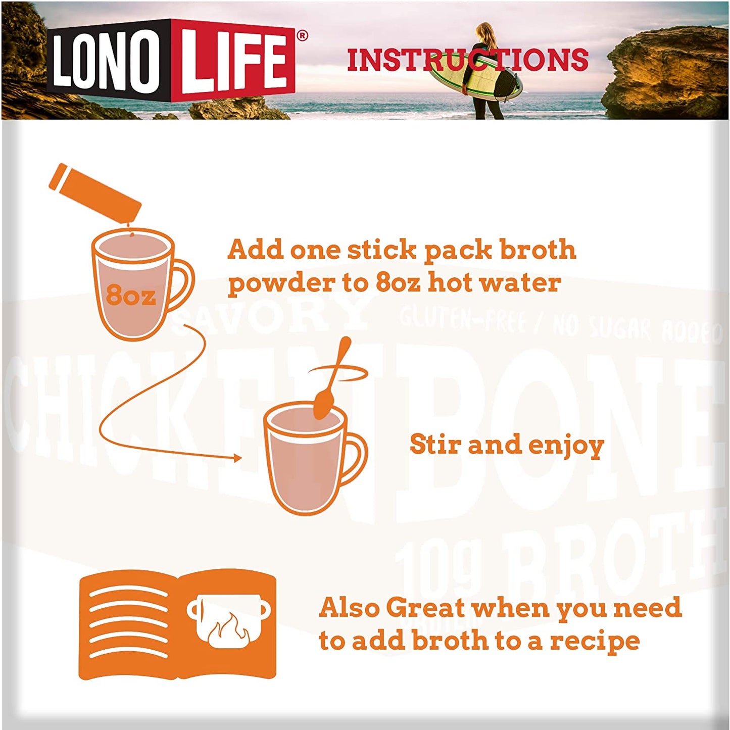 LonoLife Savory Chicken Bone Broth Powder Paleo and Keto Friendly, 10 Individual Stick Packets