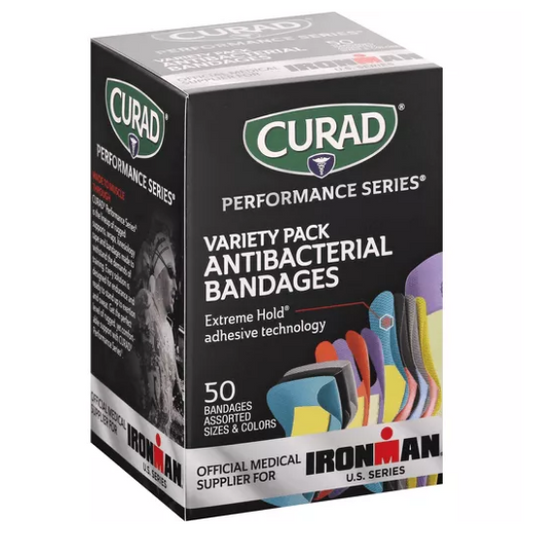 Curad Performance Series Variety Pack Antibacterial Bandages, Extreme Hold Adhesive Technology, 50 Bandages Assorted Sizes & Colors
