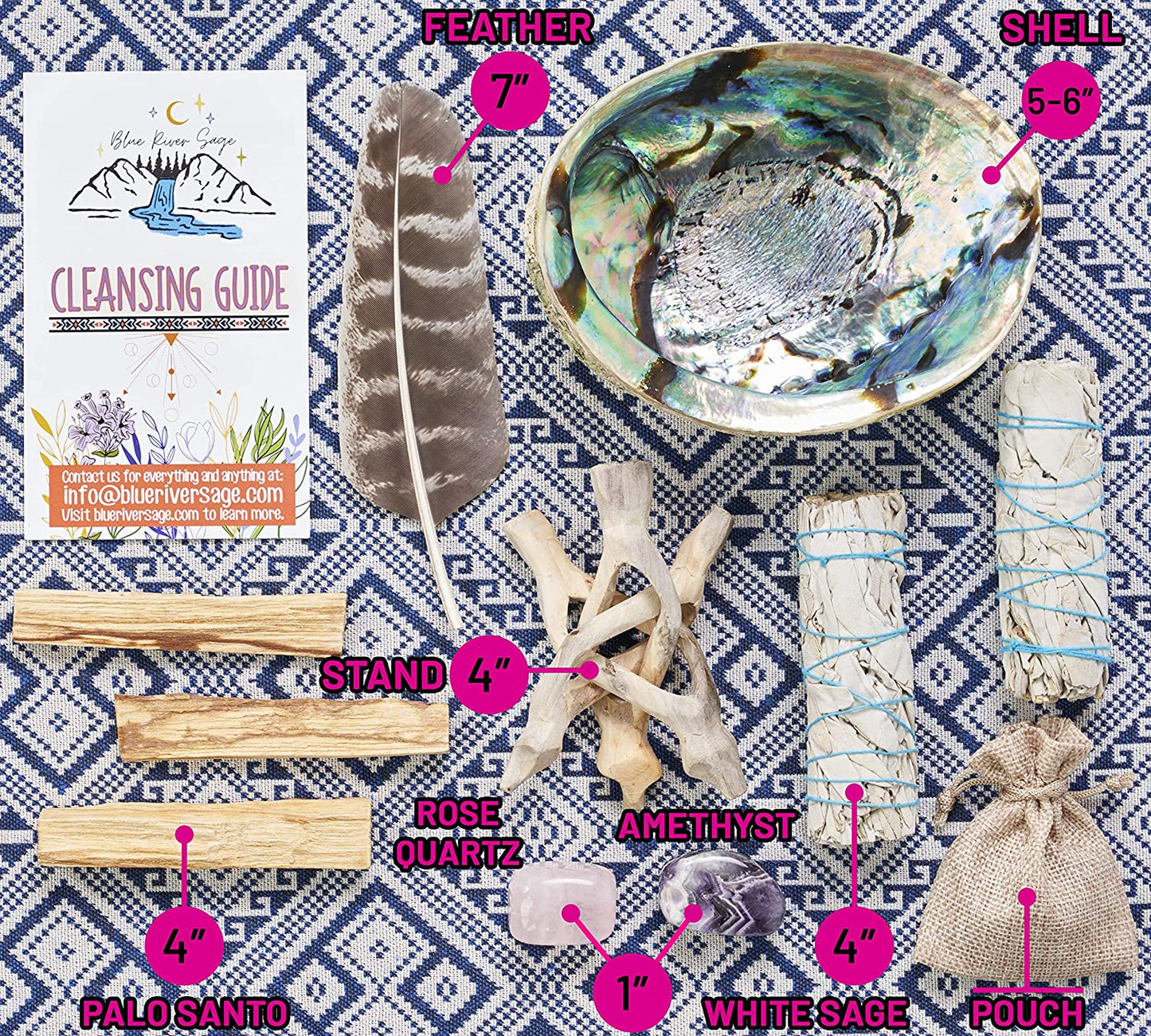 Blue River Sage Home Cleansing & Smudging Kit with White Sage, Palo Santo, Abalone & Stand, Smudge Feather & Guide