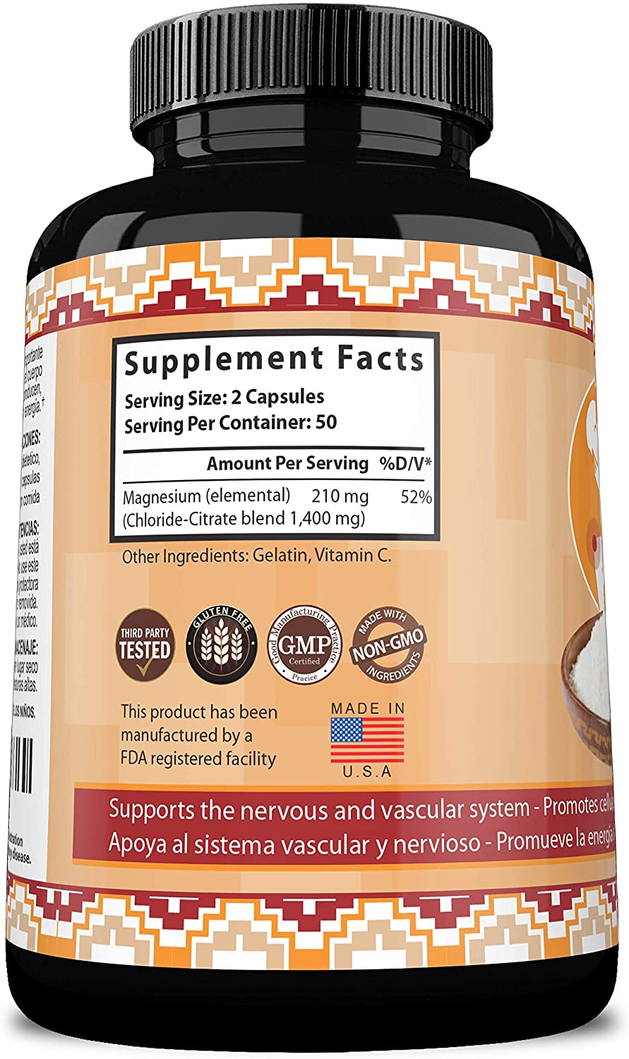 NaturalisimoLife Magnesium Chloride with Magnesium Citrate 1,400mg Per Serving, 100 Capsules