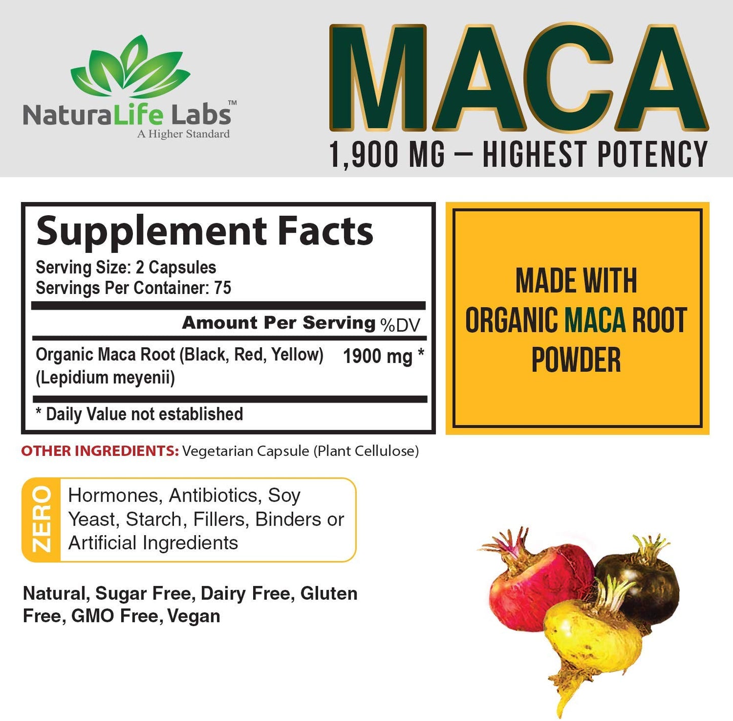 NaturaLife Labs, Organic Maca 1900 mg per Capsule (150 Veggie Capsules)