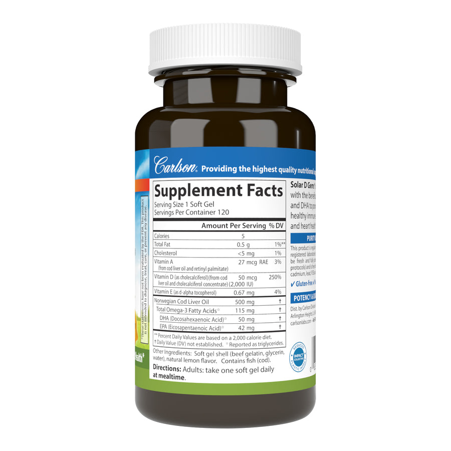 Carlson Solar D Gems 2,000 IU (50 mcg) Vitamin D3 + Omega-3s Natural Lemon Flavor 120 Soft Gels for Bone Support, Immune Function & Heart Health