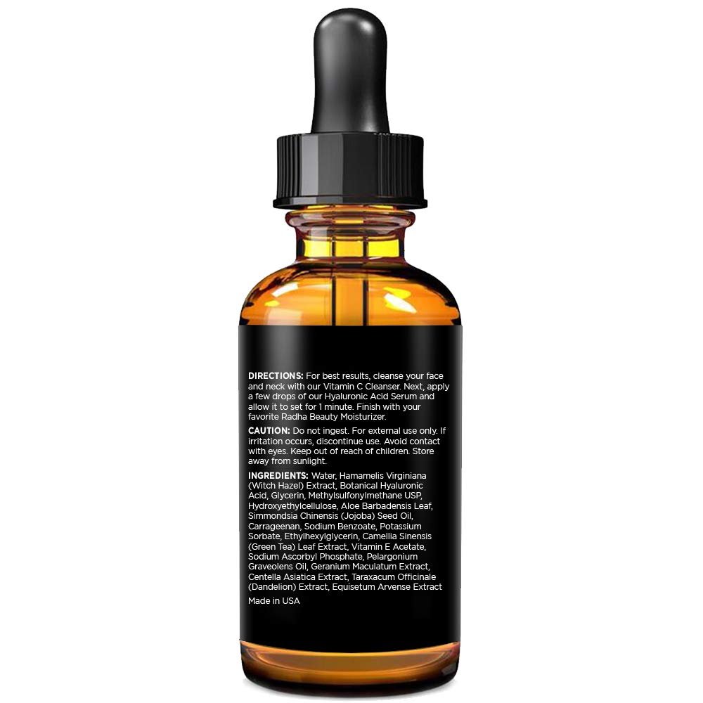 Radha Beauty Hyaluronic Acid Serum Infused with Vitamin C & E, Green Tea & Jojoba Oil, 2 fl.oz / 60ml