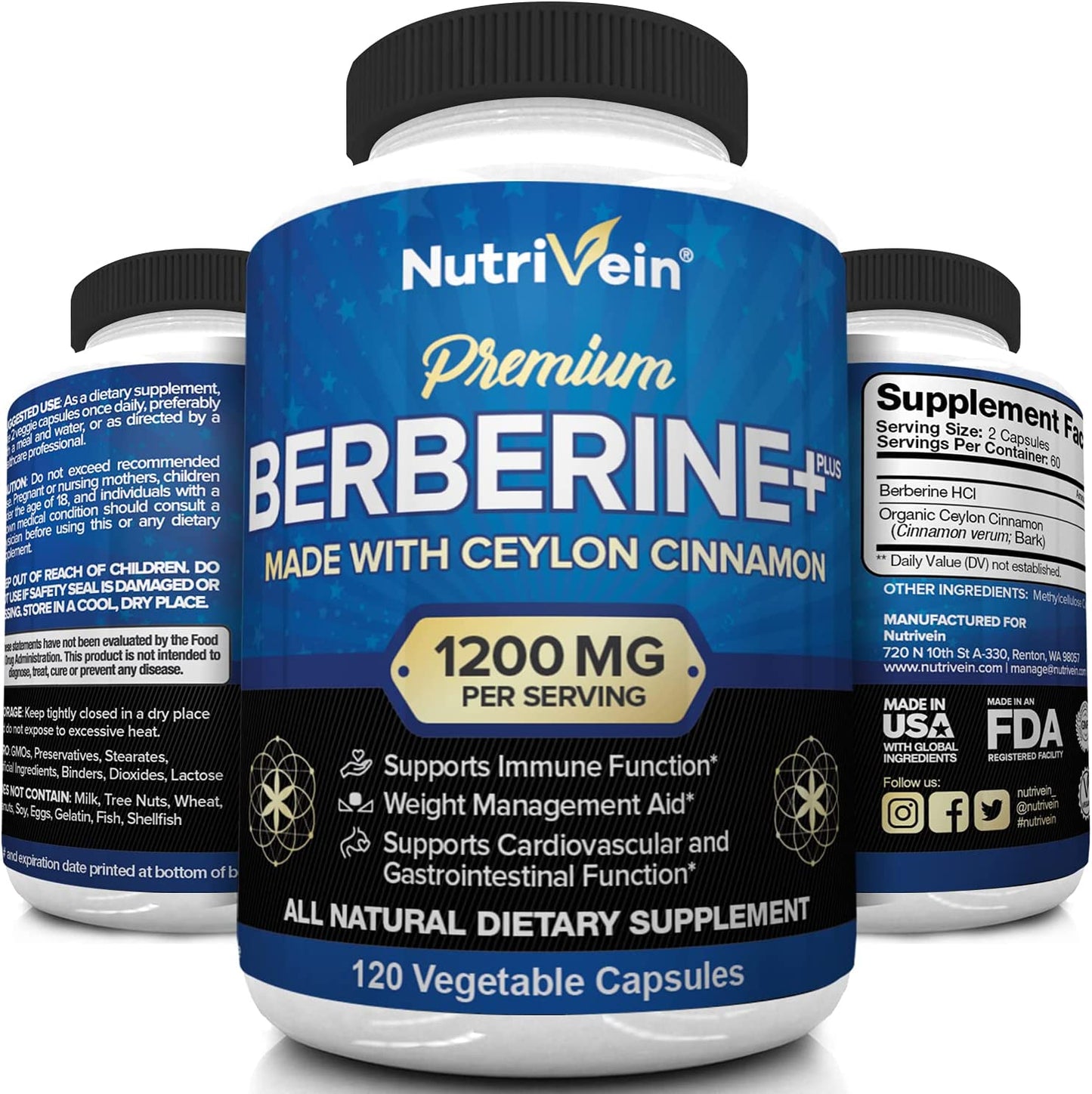 NutriVein Premium Berberine+ Made With Ceylon Cinnamon Natural Dietary Supplement - 120 Capsules