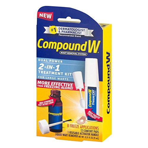 Compound W Dual Power 2 in 1 Treatment Kit for Large Warts (8 Freeze Applications, 12 Comfort Pads, 0.31 oz / 9ml Liquid Wart Remover) Packaging may Vary