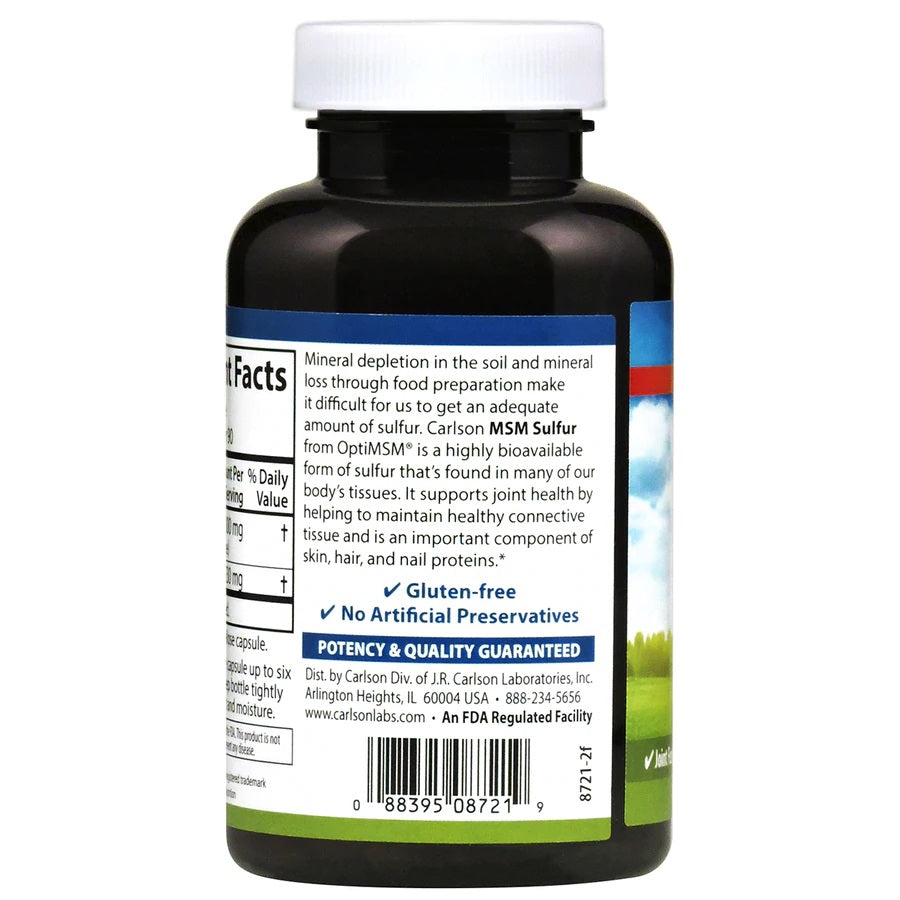 Carlson MSM Sulfur, 1000 mg for Superior Bioavailability, 90 Vegetarian Capsules