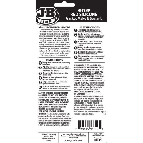 JB Weld Hi-Temp Red Silicone Gasket Maker & Sealant, 3.0 oz. / 85g (31314) NOT CARDED
