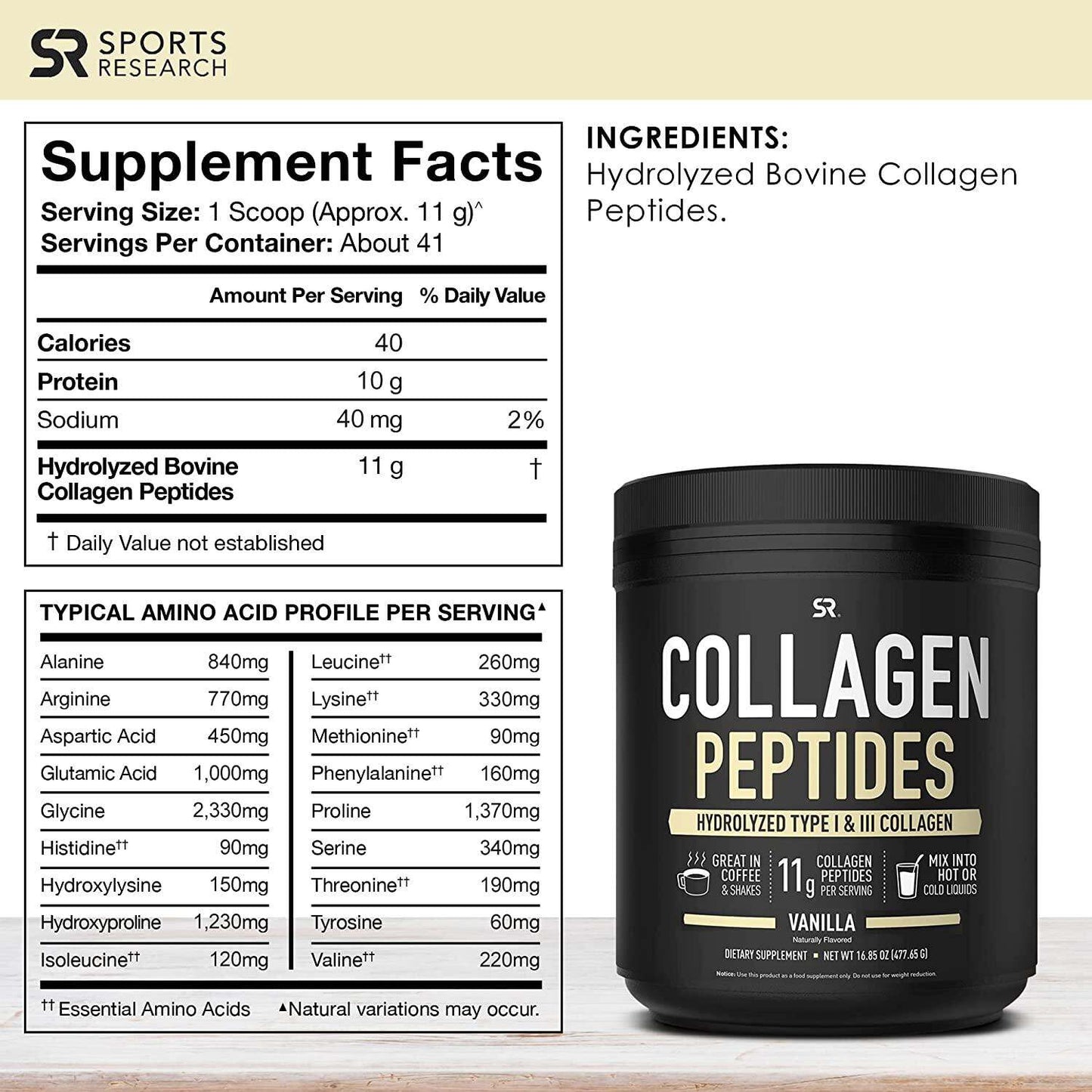 Sports Research Premium Collagen Peptides Powder 16 oz (Flavored) Vanilla Bean