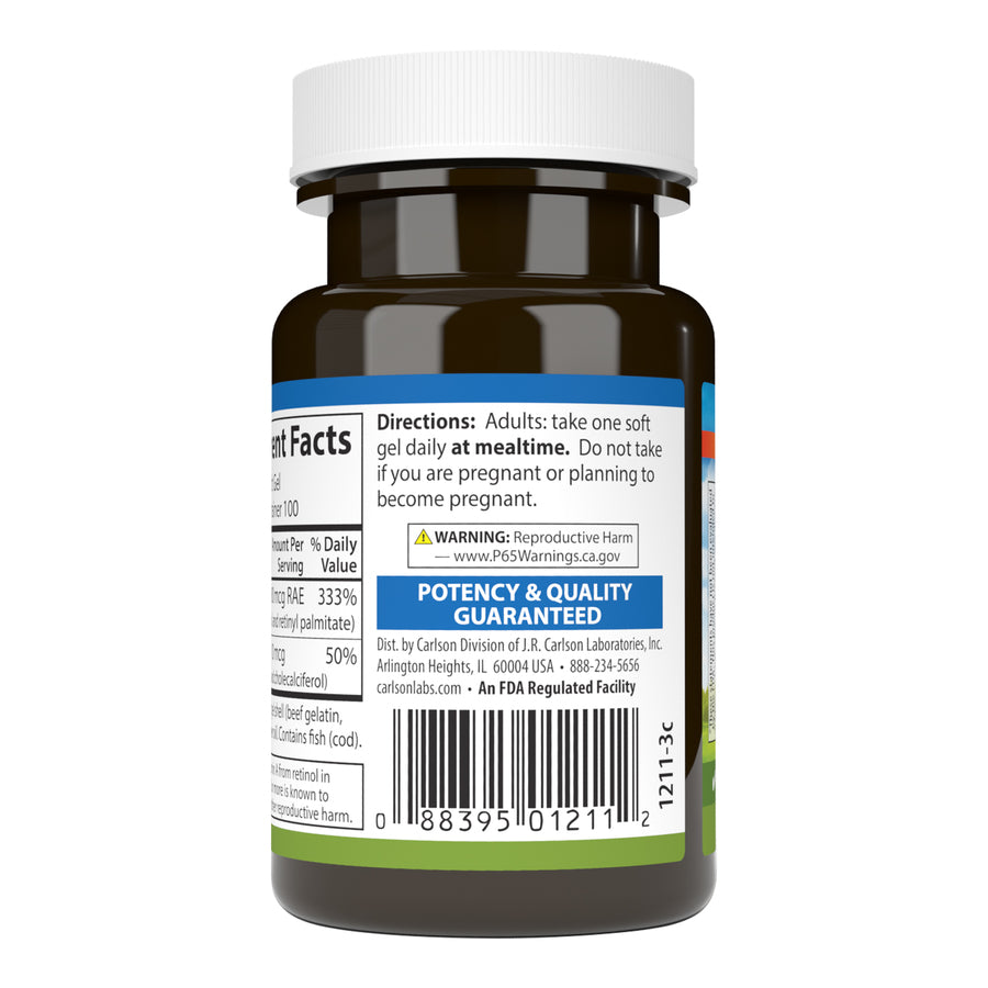 Carlson Vitamins A & D 10,000 IU & 400 IU (3,000mcg RAE) & (10mcg) 100 Soft Gels Vision Support, Immune Function & Skin Health
