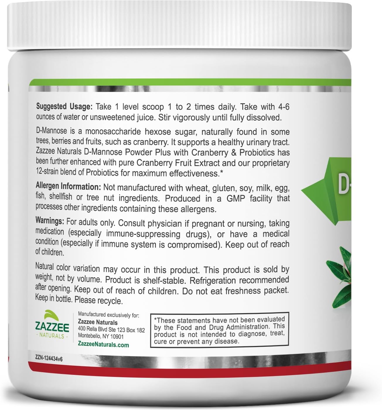 Zazzee D-Mannose Powder Plus with Cranberry & Probiotics 2000 mg, 184 g / 6.5 oz.