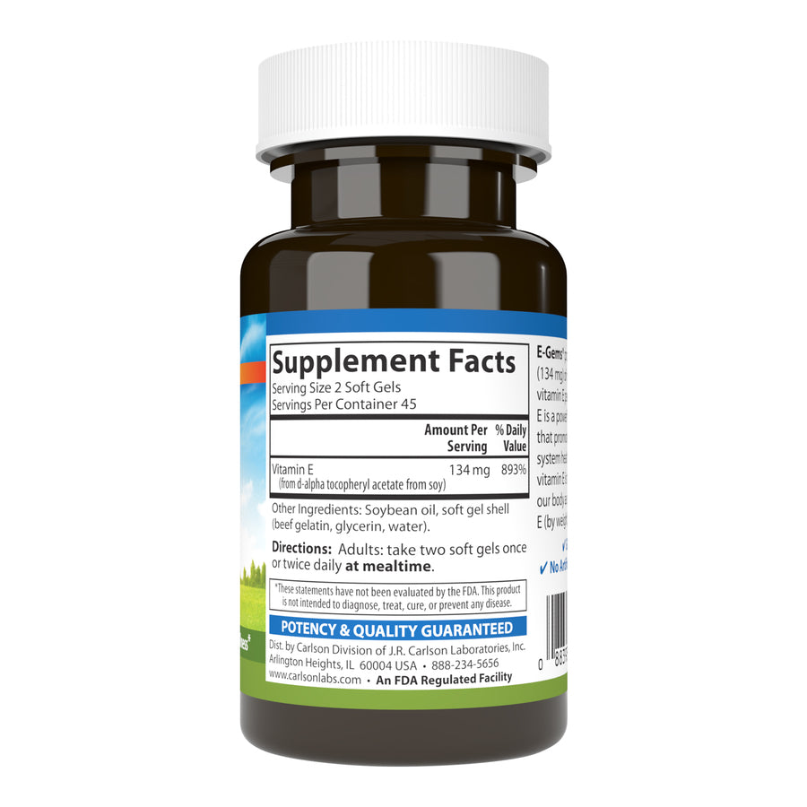 Carlson E-Gems Vitamin E 200 IU (134mg) 90 Soft Gels Heart Health, Antioxidant & Optimal Wellness