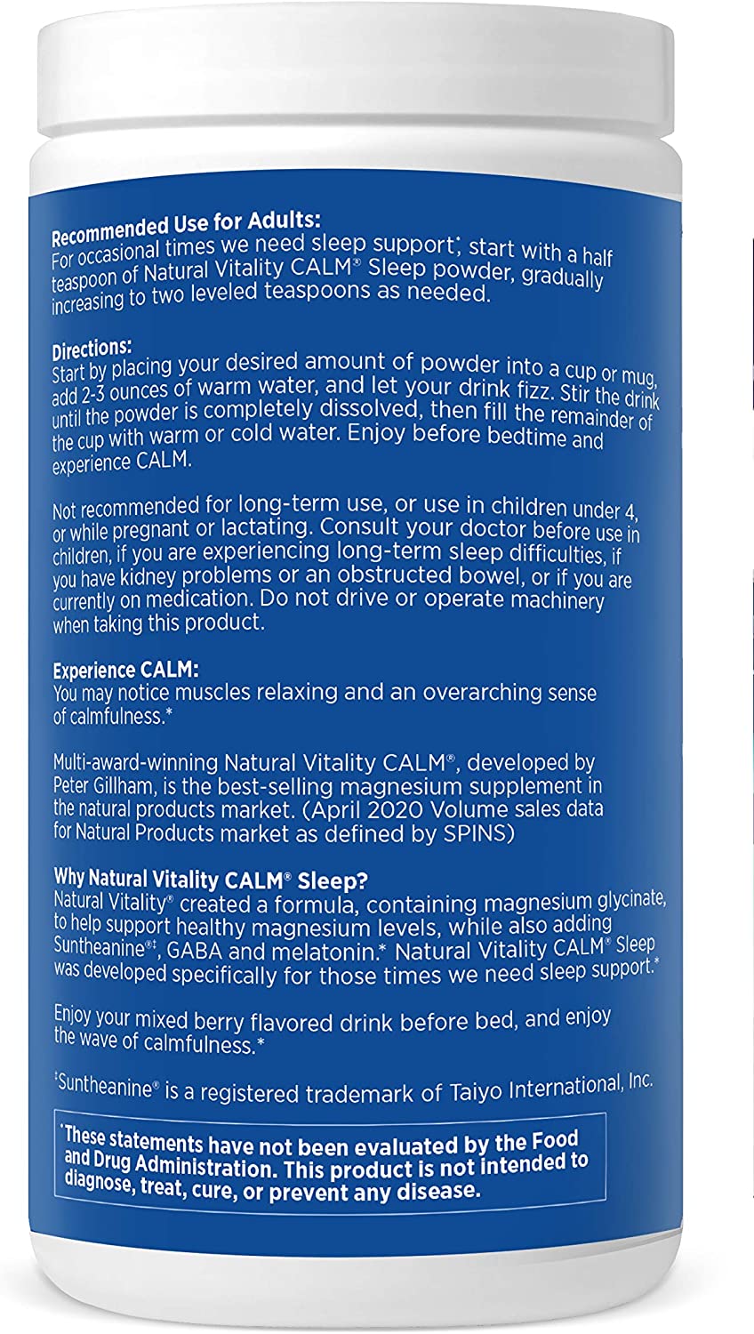 Natural Vitality Calm Sleep Magnesium Supplement with Melatonin & GABA Sleep Drink Mix, Mixed Berry Flavor, 16 oz. / 453 g