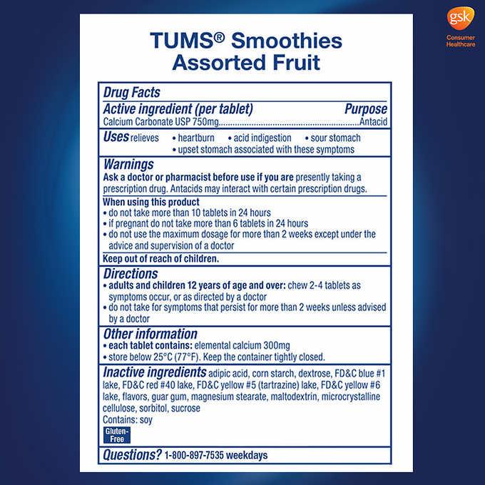 TUMS Antacid Smoothies Assorted Fruit Extra Strength 750 250ChewTabs