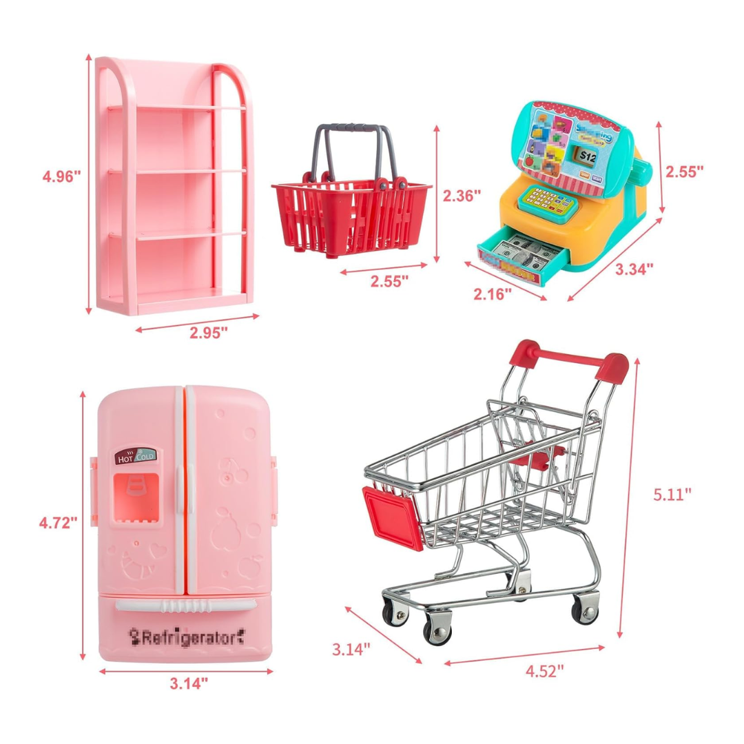 Miniature Toy Shopping Cart Basket with Grocery Accessories, Approx. 164 pcs