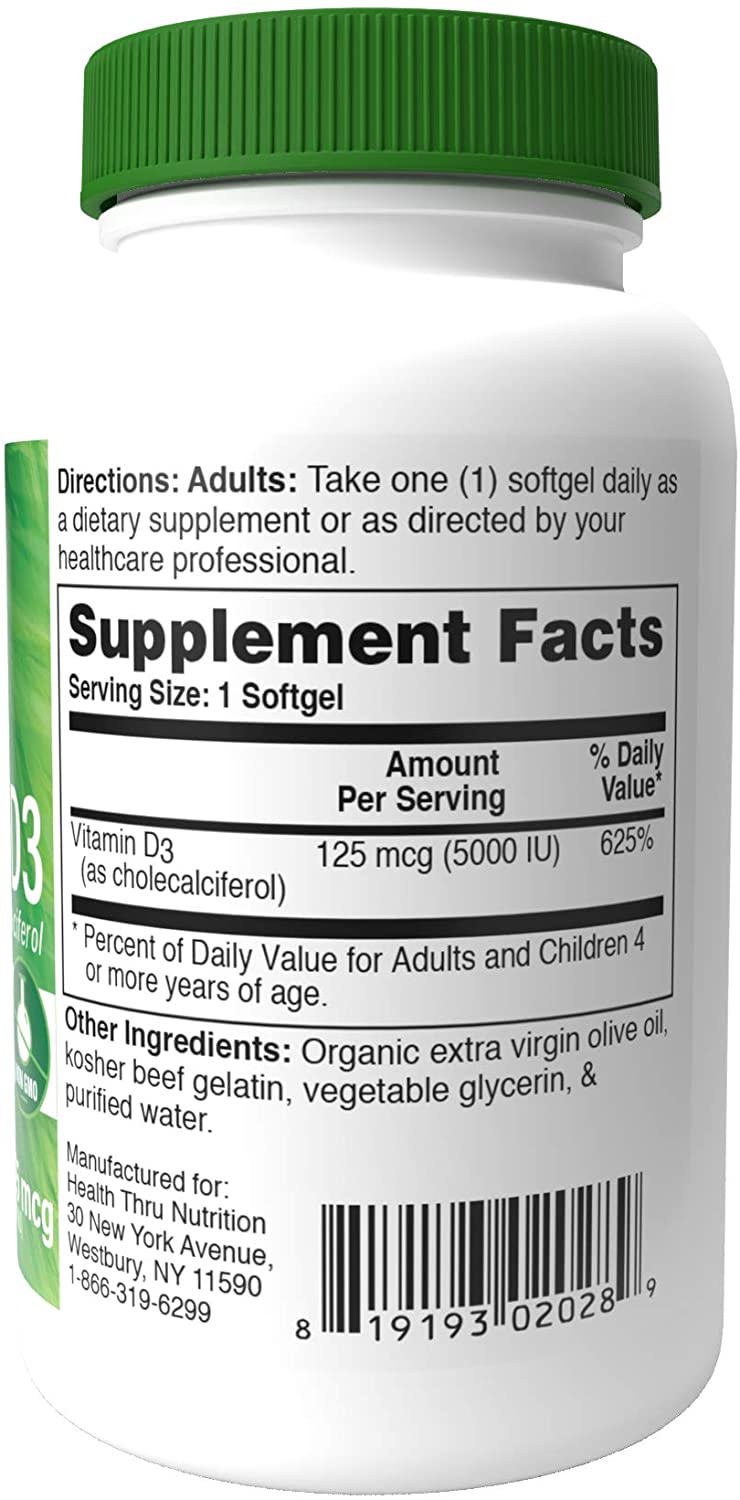 Health Thru Nutrition Vitamin D3 5,000iu (NON-GMO) 360 Softgels