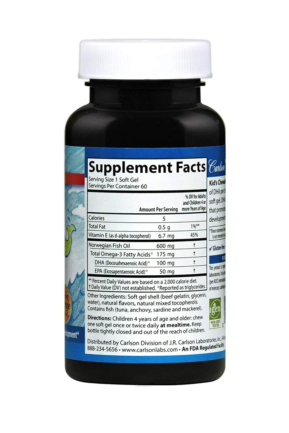 Carlson Kid's Chewable DHA Bursting Orange Flavor 100 mg 60 Softgels Brain, Vision, Growth Development