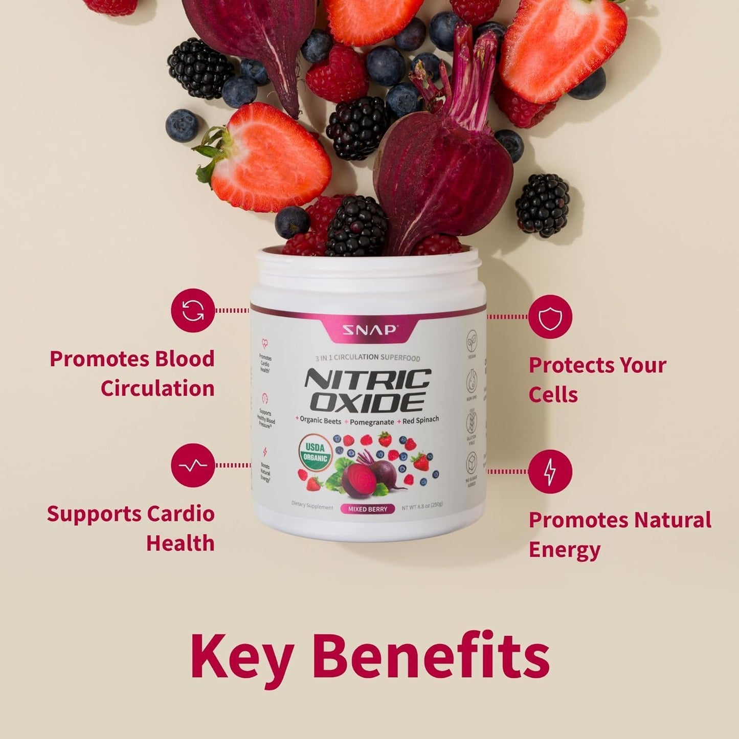 SNAP Supplements Nitric Oxide Organic Beets Mixed Berry Flavor, 8.8 oz. / 250g