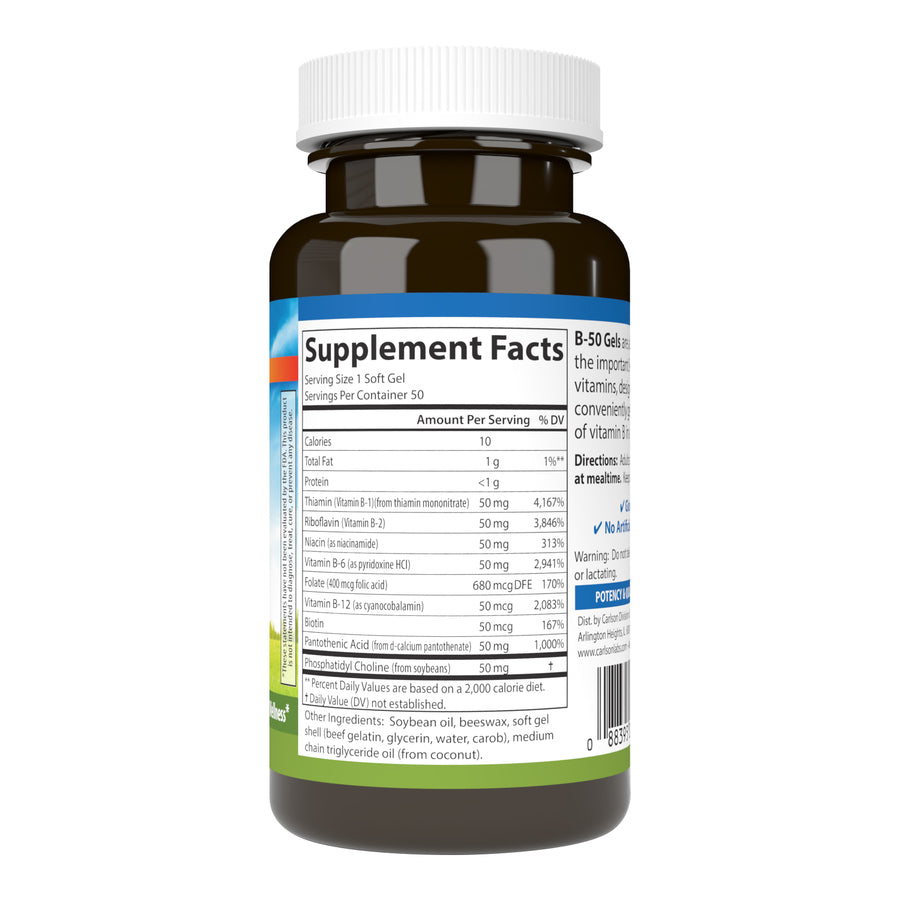 Carlson B-50 Gels Vitamin B Complex 50 Soft Gels Cellular Support, Energy Production & Optimal Wellness